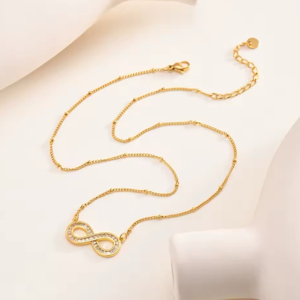 18K Gold Infinity Symbol Diamond Baguette Inlay Love Forever Necklace - Picture 5 of 7